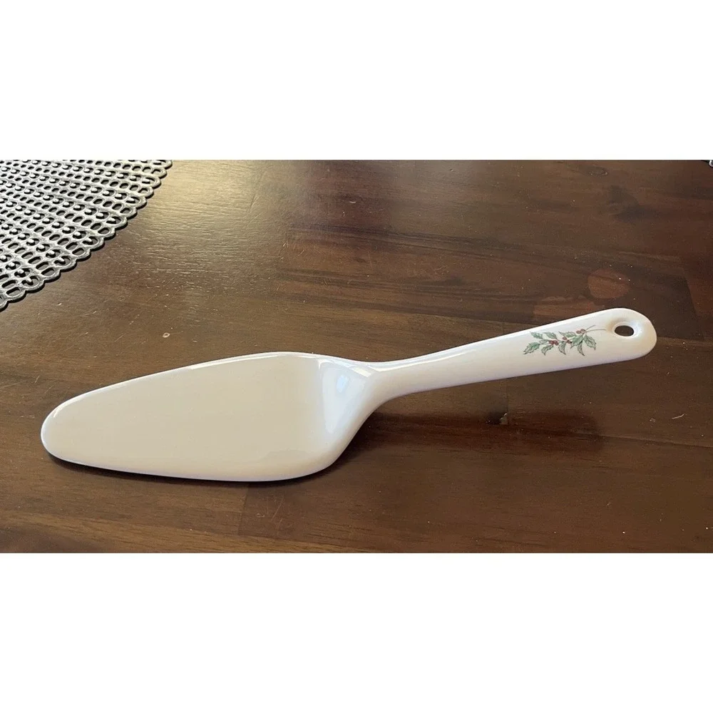 Ceramic Christmas Holly Berry Cake Pie Server‎ White Holiday Dessert Server
